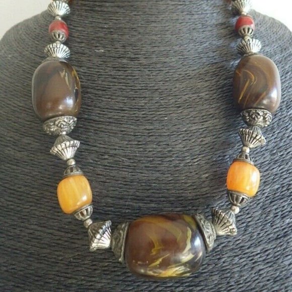VINTAGE MONIES GERDA LYNGGAARD AMBER BAKELITE TURQUOISE BARREL BEADED NECKLACE - Picture 1 of 8